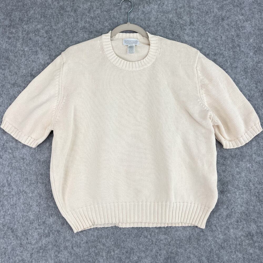 VTG Lands End Drifter‎ Sweater Womens XL Cream Knit Cotton Short Sleeve USA Made